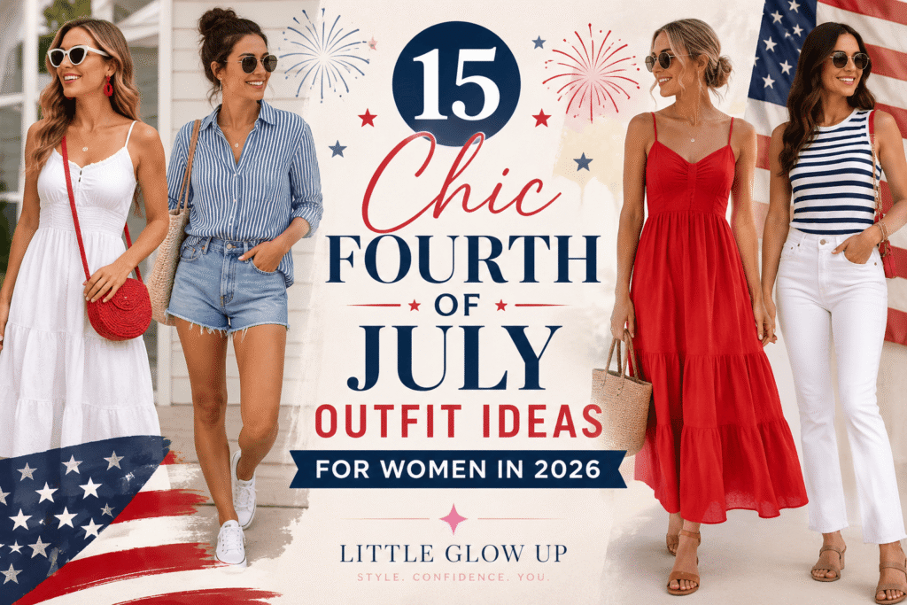Pinterest graphic featuring stylish women wearing chic red, white, and blue summer outfits for the Fourth of July. The image showcases fashionable patriotic clothing inspiration, including dresses, denim shorts, striped tops, and casual holiday looks for women celebrating Independence Day 2026. Featured by Little Glow Up with a call to read more at www.littleglowup.com.