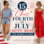 Pinterest graphic featuring stylish women wearing chic red, white, and blue summer outfits for the Fourth of July. The image showcases fashionable patriotic clothing inspiration, including dresses, denim shorts, striped tops, and casual holiday looks for women celebrating Independence Day 2026. Featured by Little Glow Up with a call to read more at www.littleglowup.com.