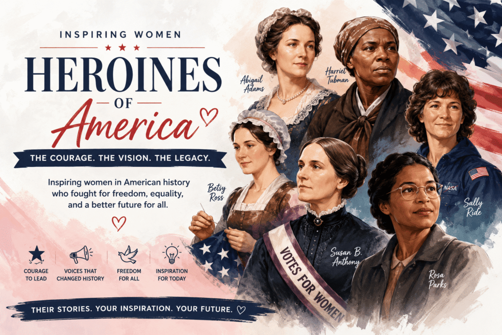 Illustrated collage of inspiring American women leaders from different eras standing together on a white background, representing courage, leadership, women's empowerment, and the lasting impact of women in American history.