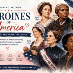 Illustrated collage of inspiring American women leaders from different eras standing together on a white background, representing courage, leadership, women's empowerment, and the lasting impact of women in American history.